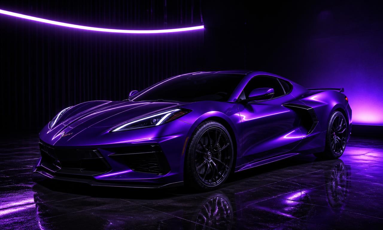 Purple wrapped sports car in a studio